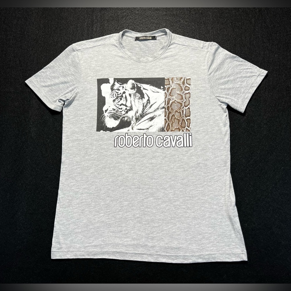 Roberto Cavalli Men’s Gray Graphic T-Shirt Medium Tiger Snake Print Authentic
